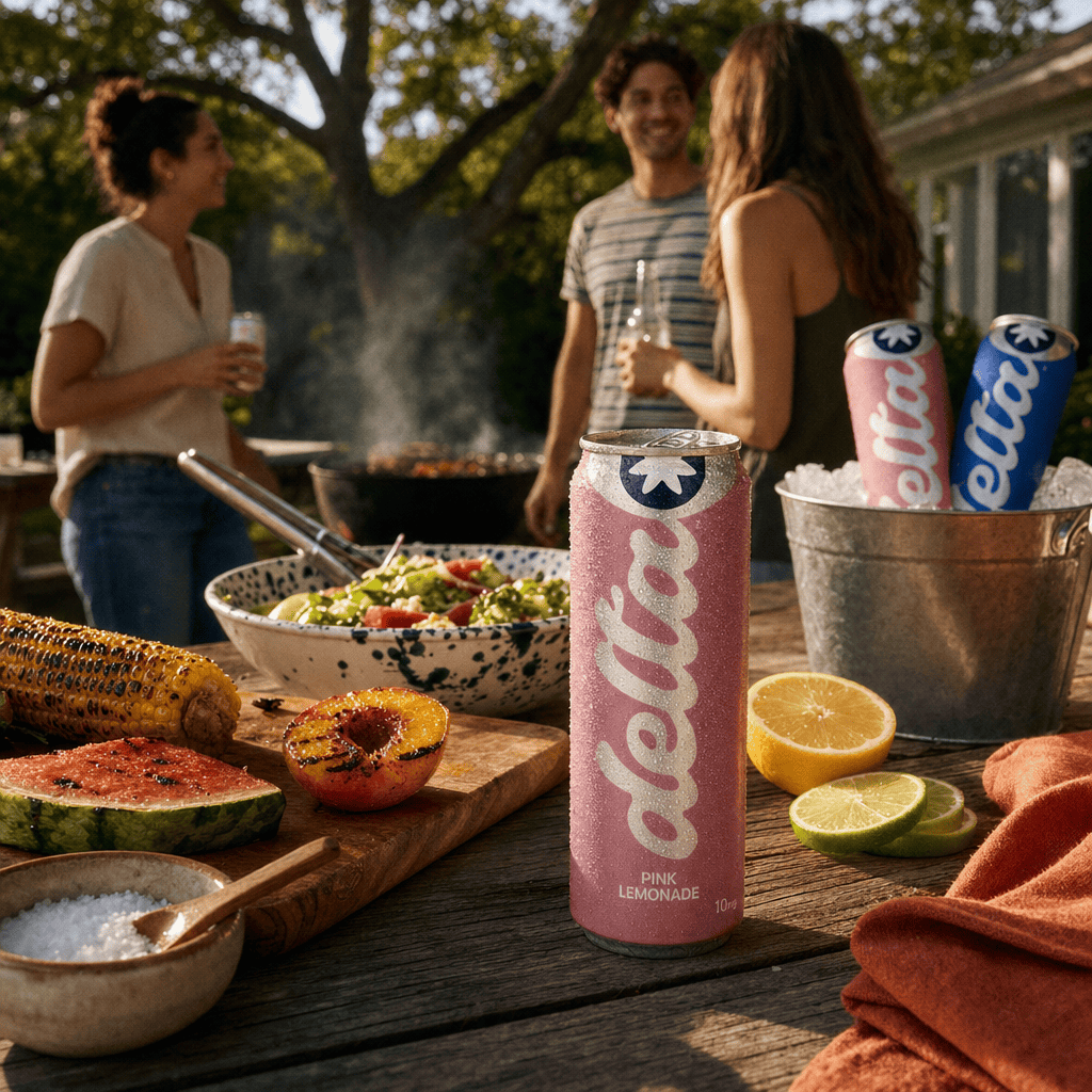 Backyard BBQ table with a Delta Pink Lemonade can in foreground