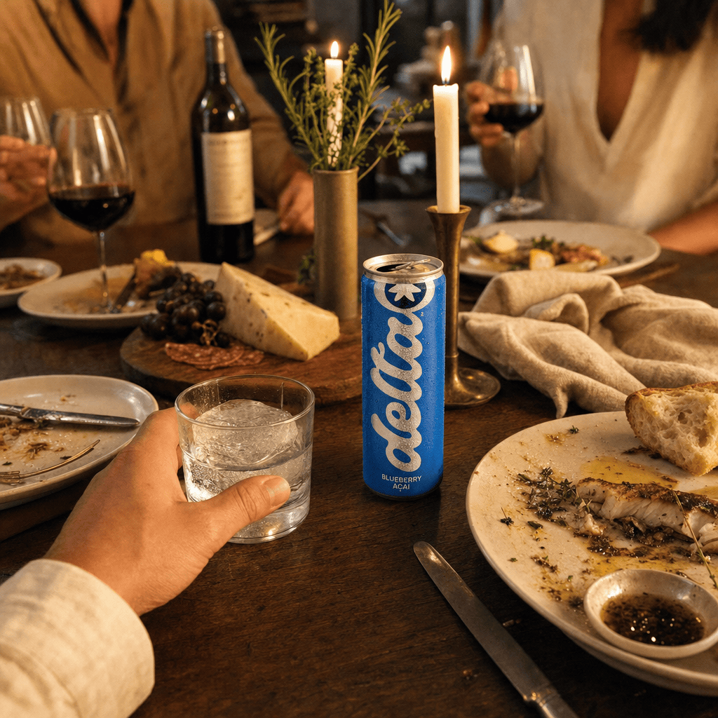 Candlelit dinner table with a Delta Blueberry Acai can next to a glass over ice, charcuterie board to the side