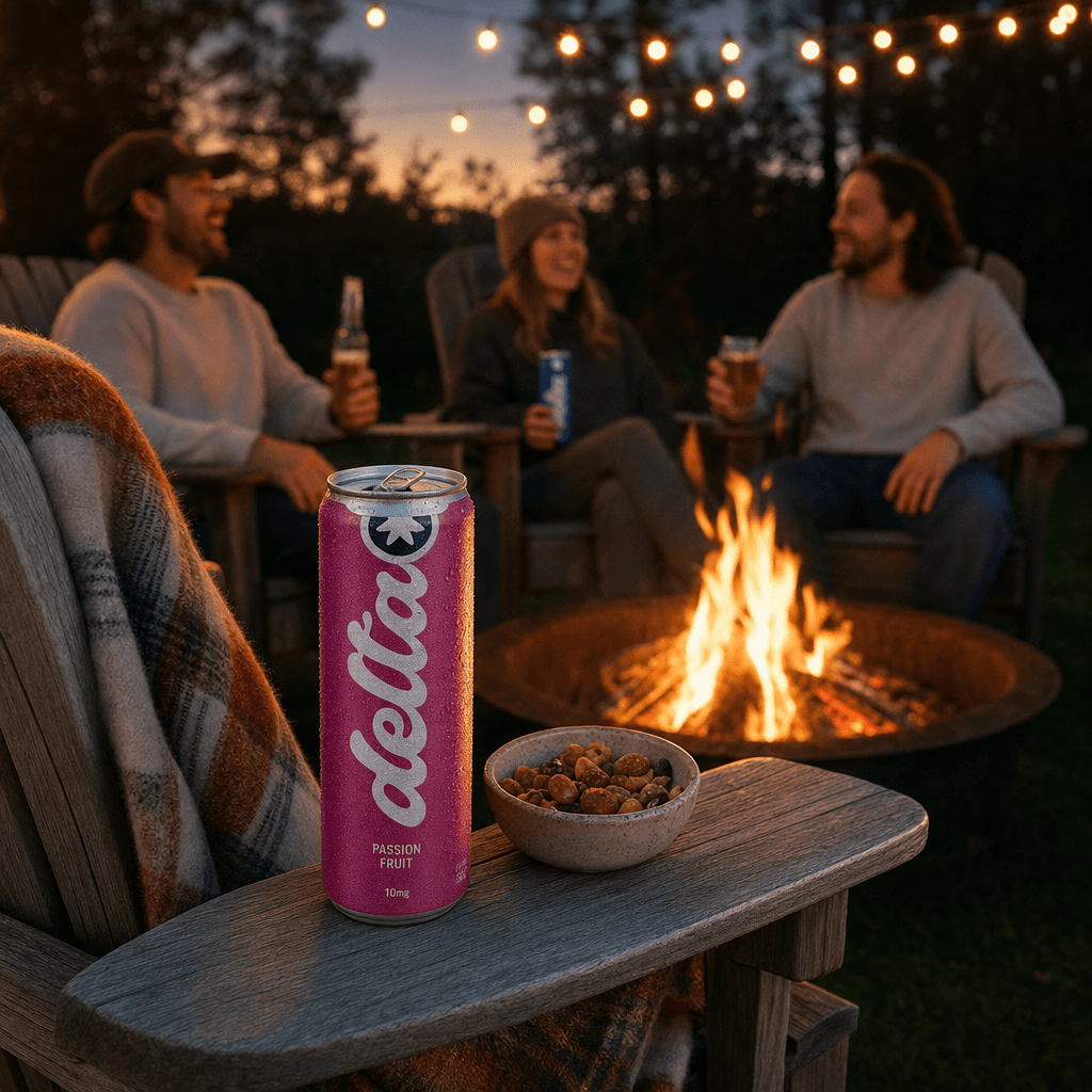 A Delta Passion Fruit can on the wide armrest of an Adirondack chair at a backyard firepit