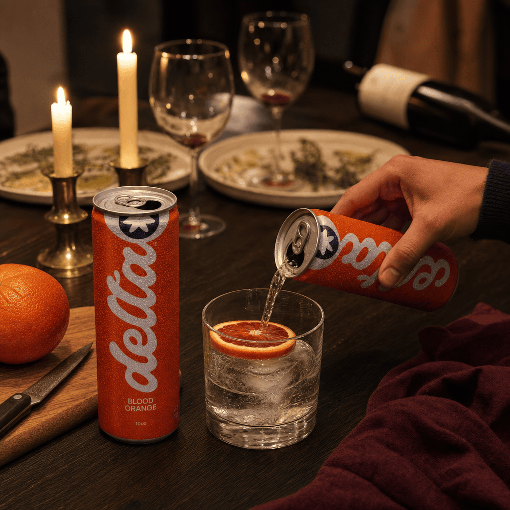 Hand pouring a Delta Blood Orange can into a clean rocks glass with ice and a fresh blood orange slice